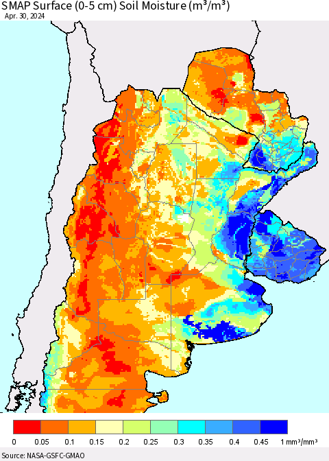 Southern South America SMAP Surface (0-5 cm) Soil Moisture (m³/m³) Thematic Map For 4/26/2024 - 4/30/2024