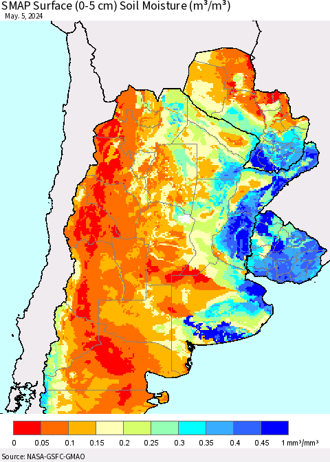 Southern South America SMAP Surface (0-5 cm) Soil Moisture (m³/m³) Thematic Map For 5/1/2024 - 5/5/2024