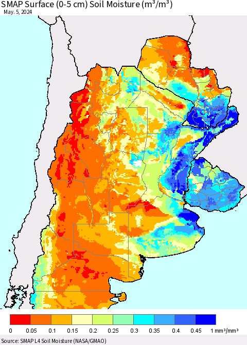 Southern South America SMAP Surface (0-5 cm) Soil Moisture (m³/m³) Thematic Map For 5/1/2024 - 5/5/2024