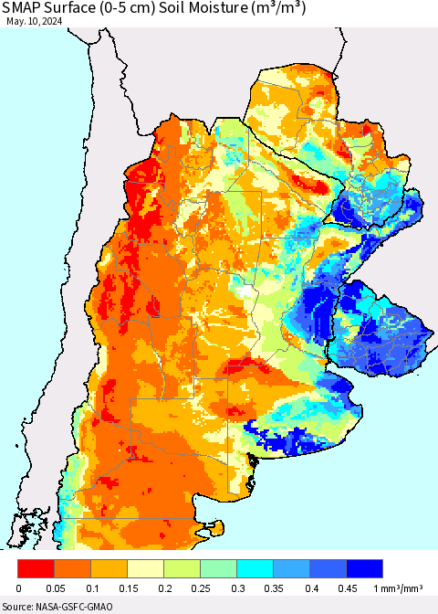 Southern South America SMAP Surface (0-5 cm) Soil Moisture (m³/m³) Thematic Map For 5/6/2024 - 5/10/2024