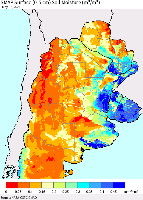 Southern South America SMAP Surface (0-5 cm) Soil Moisture (m³/m³) Thematic Map For 5/11/2024 - 5/15/2024