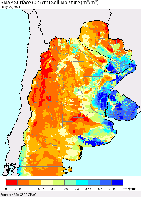 Southern South America SMAP Surface (0-5 cm) Soil Moisture (m³/m³) Thematic Map For 5/16/2024 - 5/20/2024