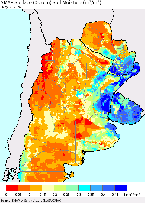 Southern South America SMAP Surface (0-5 cm) Soil Moisture (m³/m³) Thematic Map For 5/21/2024 - 5/25/2024