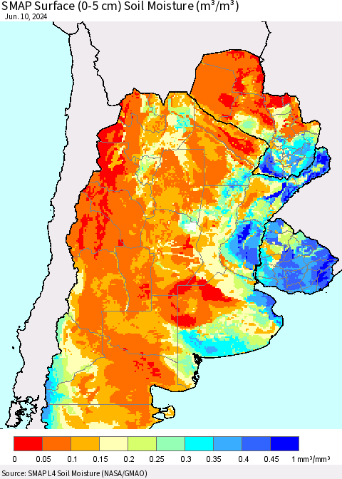 Southern South America SMAP Surface (0-5 cm) Soil Moisture (m³/m³) Thematic Map For 6/6/2024 - 6/10/2024