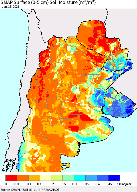 Southern South America SMAP Surface (0-5 cm) Soil Moisture (m³/m³) Thematic Map For 6/11/2024 - 6/15/2024
