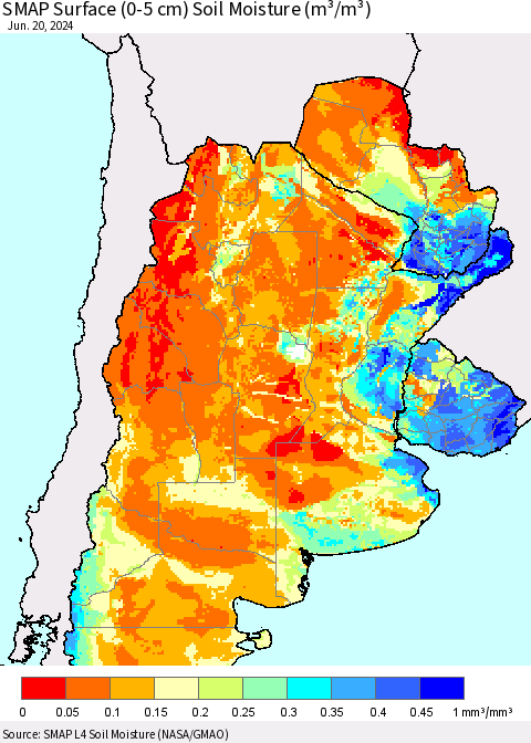 Southern South America SMAP Surface (0-5 cm) Soil Moisture (m³/m³) Thematic Map For 6/16/2024 - 6/20/2024