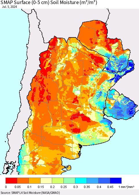 Southern South America SMAP Surface (0-5 cm) Soil Moisture (m³/m³) Thematic Map For 7/1/2024 - 7/5/2024