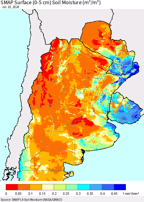 Southern South America SMAP Surface (0-5 cm) Soil Moisture (m³/m³) Thematic Map For 7/6/2024 - 7/10/2024