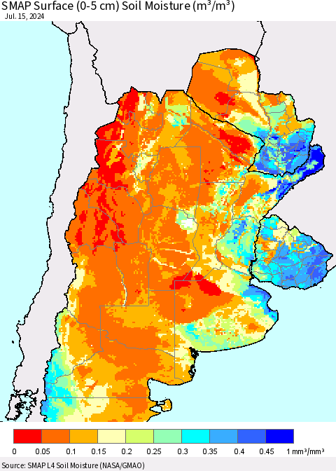 Southern South America SMAP Surface (0-5 cm) Soil Moisture (m³/m³) Thematic Map For 7/11/2024 - 7/15/2024