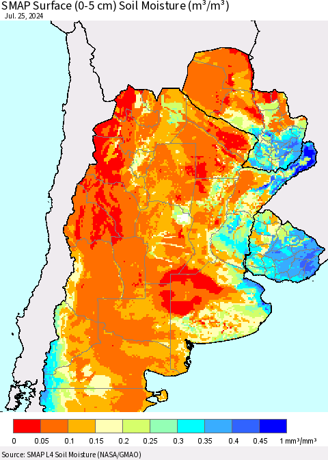 Southern South America SMAP Surface (0-5 cm) Soil Moisture (m³/m³) Thematic Map For 7/21/2024 - 7/25/2024