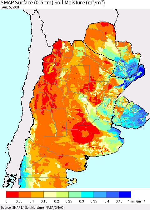 Southern South America SMAP Surface (0-5 cm) Soil Moisture (m³/m³) Thematic Map For 8/1/2024 - 8/5/2024