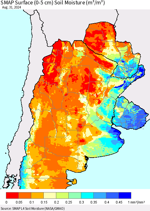 Southern South America SMAP Surface (0-5 cm) Soil Moisture (m³/m³) Thematic Map For 8/26/2024 - 8/31/2024