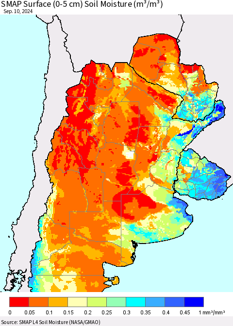 Southern South America SMAP Surface (0-5 cm) Soil Moisture (m³/m³) Thematic Map For 9/6/2024 - 9/10/2024