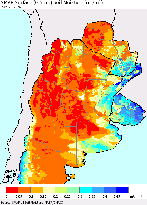 Southern South America SMAP Surface (0-5 cm) Soil Moisture (m³/m³) Thematic Map For 9/21/2024 - 9/25/2024