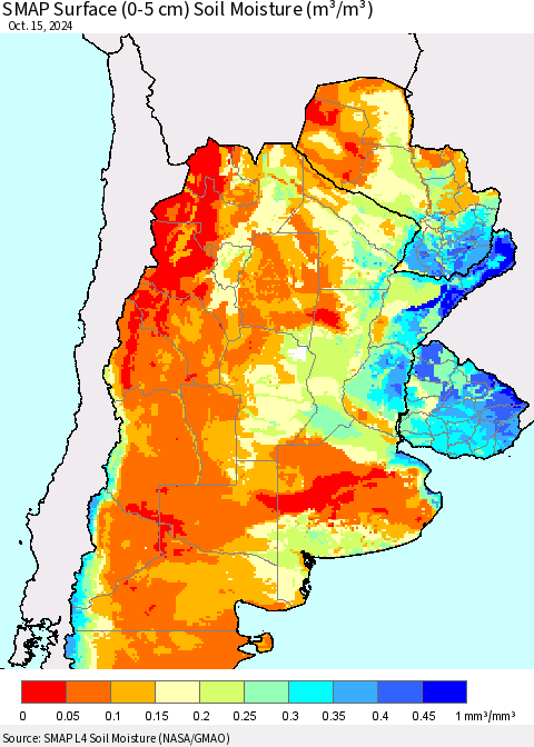 Southern South America SMAP Surface (0-5 cm) Soil Moisture (m³/m³) Thematic Map For 10/11/2024 - 10/15/2024