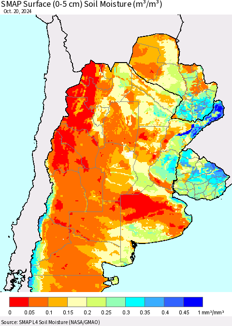 Southern South America SMAP Surface (0-5 cm) Soil Moisture (m³/m³) Thematic Map For 10/16/2024 - 10/20/2024