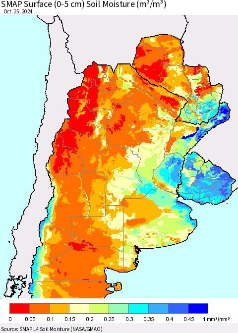Southern South America SMAP Surface (0-5 cm) Soil Moisture (m³/m³) Thematic Map For 10/21/2024 - 10/25/2024