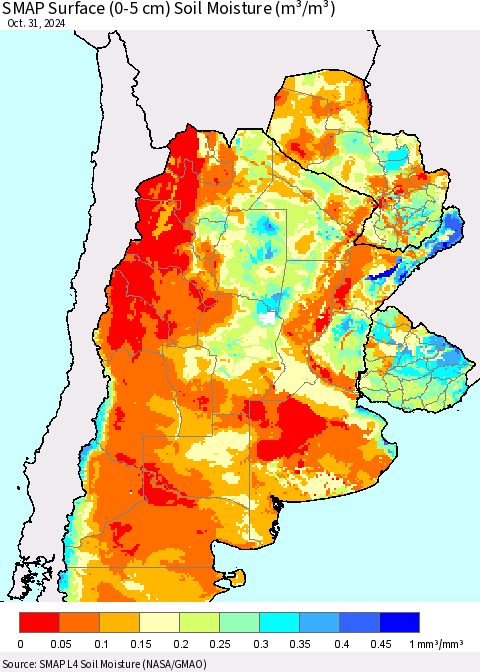 Southern South America SMAP Surface (0-5 cm) Soil Moisture (m³/m³) Thematic Map For 10/26/2024 - 10/31/2024