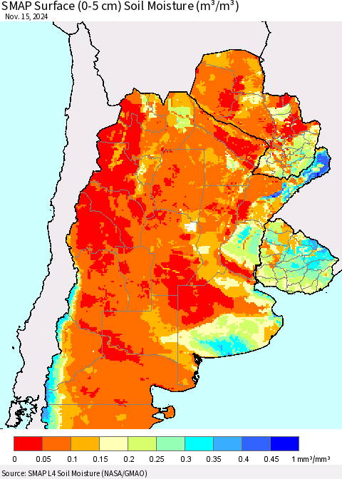 Southern South America SMAP Surface (0-5 cm) Soil Moisture (m³/m³) Thematic Map For 11/11/2024 - 11/15/2024