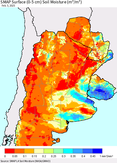 Southern South America SMAP Surface (0-5 cm) Soil Moisture (m³/m³) Thematic Map For 2/1/2025 - 2/5/2025