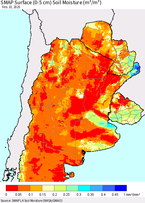 Southern South America SMAP Surface (0-5 cm) Soil Moisture (m³/m³) Thematic Map For 2/6/2025 - 2/10/2025