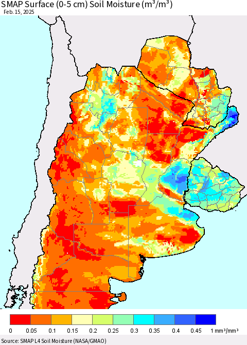Southern South America SMAP Surface (0-5 cm) Soil Moisture (m³/m³) Thematic Map For 2/11/2025 - 2/15/2025