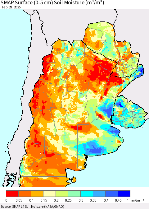Southern South America SMAP Surface (0-5 cm) Soil Moisture (m³/m³) Thematic Map For 2/26/2025 - 2/28/2025