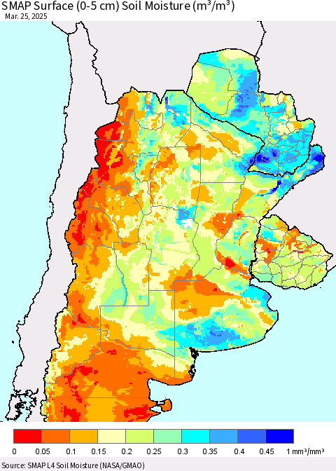 Southern South America SMAP Surface (0-5 cm) Soil Moisture (m³/m³) Thematic Map For 3/21/2025 - 3/25/2025