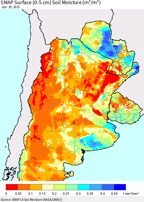 Southern South America SMAP Surface (0-5 cm) Soil Moisture (m³/m³) Thematic Map For 4/26/2025 - 4/30/2025