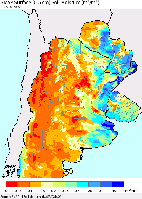 Southern South America SMAP Surface (0-5 cm) Soil Moisture (m³/m³) Thematic Map For 6/6/2025 - 6/10/2025