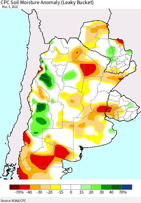 Southern South America CPC Soil Moisture Anomaly (Leaky Bucket) Thematic Map For 3/1/2021 - 3/5/2021