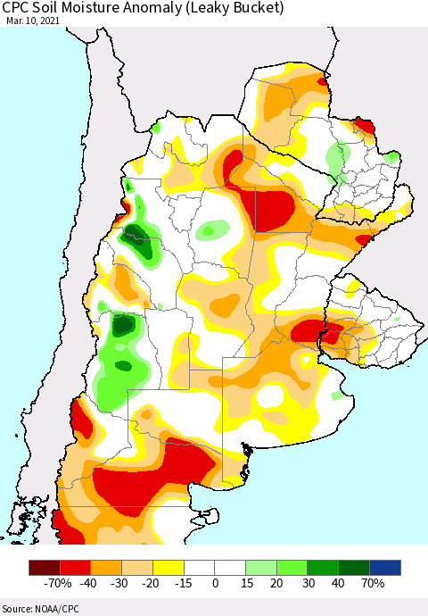 Southern South America CPC Soil Moisture Anomaly (Leaky Bucket) Thematic Map For 3/6/2021 - 3/10/2021