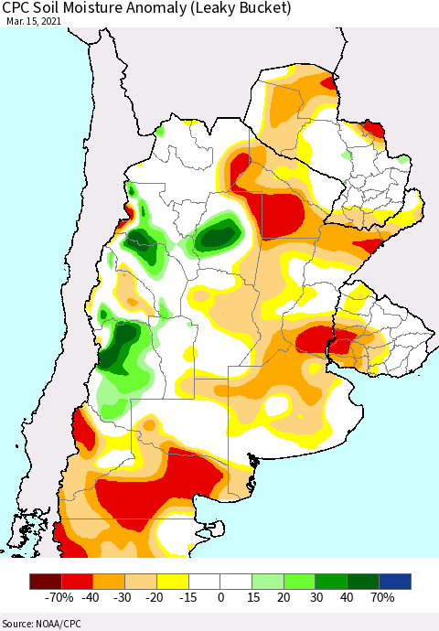 Southern South America CPC Soil Moisture Anomaly (Leaky Bucket) Thematic Map For 3/11/2021 - 3/15/2021
