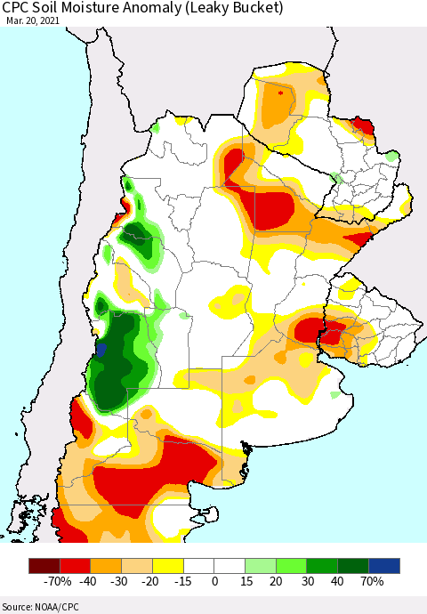 Southern South America CPC Soil Moisture Anomaly (Leaky Bucket) Thematic Map For 3/16/2021 - 3/20/2021