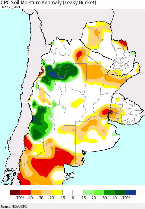 Southern South America CPC Soil Moisture Anomaly (Leaky Bucket) Thematic Map For 3/21/2021 - 3/25/2021