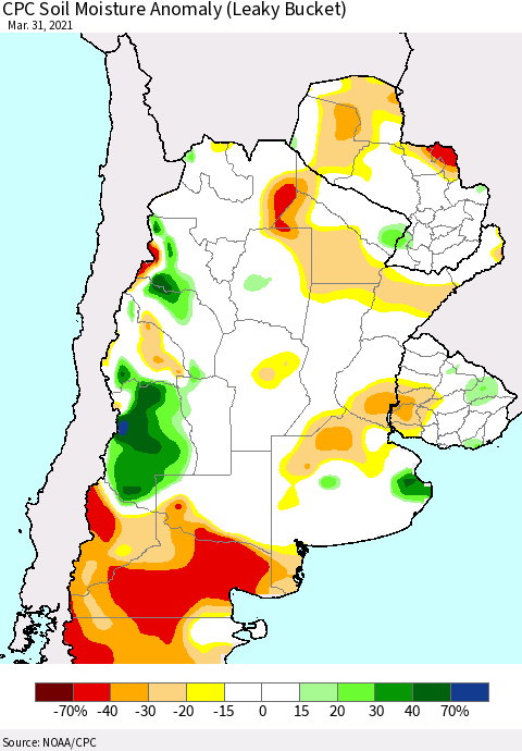 Southern South America CPC Soil Moisture Anomaly (Leaky Bucket) Thematic Map For 3/26/2021 - 3/31/2021