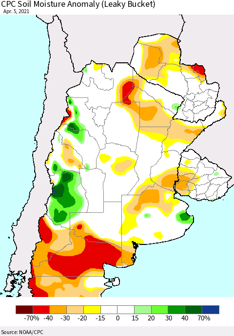 Southern South America CPC Soil Moisture Anomaly (Leaky Bucket) Thematic Map For 4/1/2021 - 4/5/2021