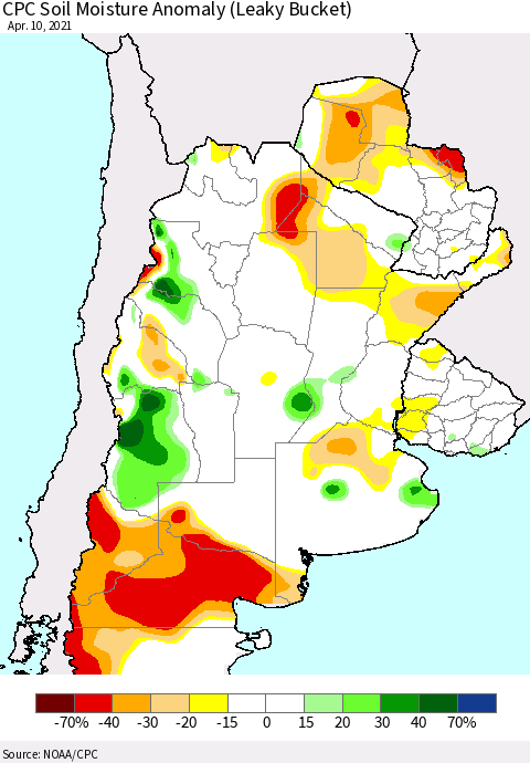 Southern South America CPC Soil Moisture Anomaly (Leaky Bucket) Thematic Map For 4/6/2021 - 4/10/2021