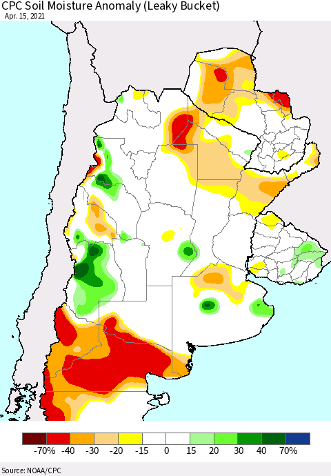 Southern South America CPC Soil Moisture Anomaly (Leaky Bucket) Thematic Map For 4/11/2021 - 4/15/2021