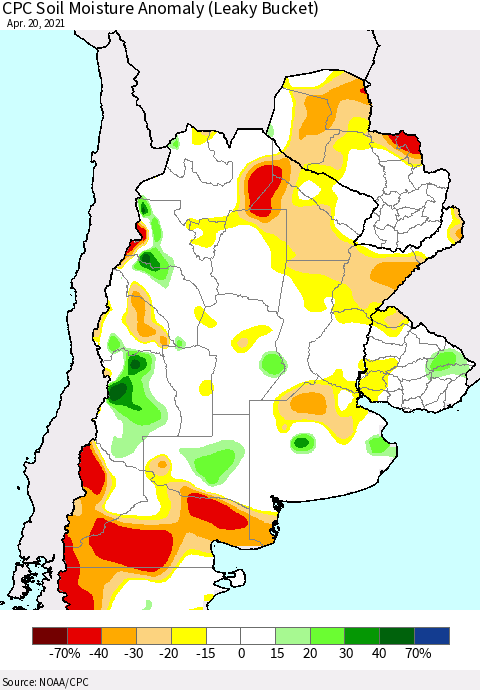 Southern South America CPC Soil Moisture Anomaly (Leaky Bucket) Thematic Map For 4/16/2021 - 4/20/2021