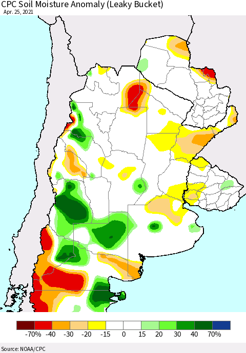 Southern South America CPC Soil Moisture Anomaly (Leaky Bucket) Thematic Map For 4/21/2021 - 4/25/2021