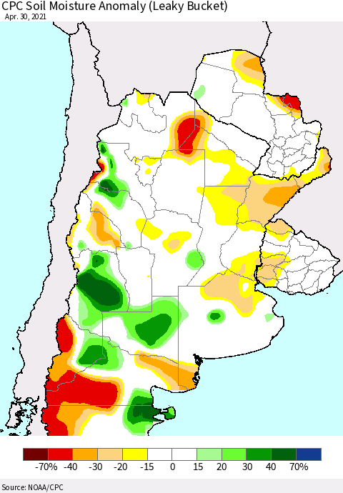 Southern South America CPC Soil Moisture Anomaly (Leaky Bucket) Thematic Map For 4/26/2021 - 4/30/2021