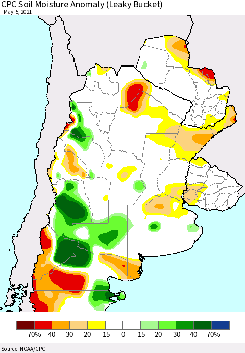 Southern South America CPC Soil Moisture Anomaly (Leaky Bucket) Thematic Map For 5/1/2021 - 5/5/2021