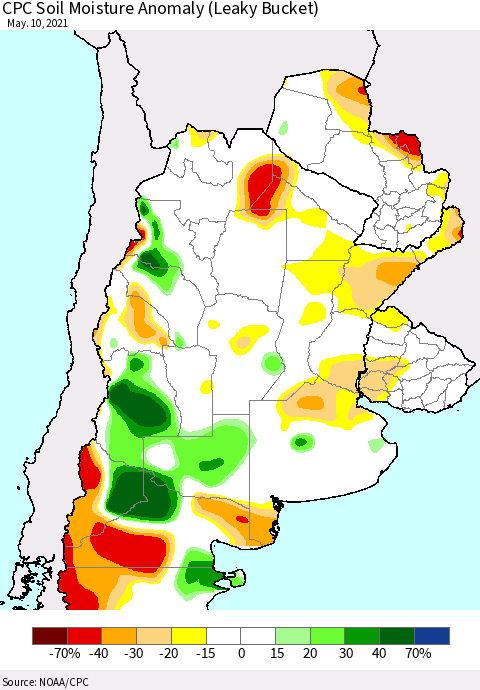 Southern South America CPC Soil Moisture Anomaly (Leaky Bucket) Thematic Map For 5/6/2021 - 5/10/2021