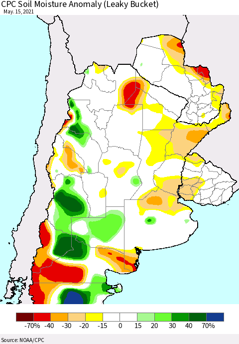 Southern South America CPC Soil Moisture Anomaly (Leaky Bucket) Thematic Map For 5/11/2021 - 5/15/2021