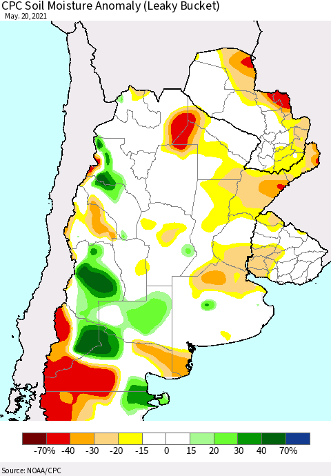 Southern South America CPC Soil Moisture Anomaly (Leaky Bucket) Thematic Map For 5/16/2021 - 5/20/2021