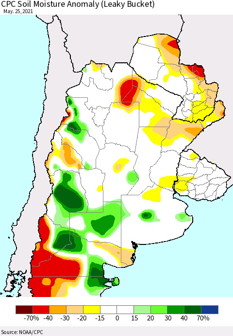 Southern South America CPC Soil Moisture Anomaly (Leaky Bucket) Thematic Map For 5/21/2021 - 5/25/2021