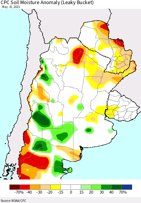 Southern South America CPC Soil Moisture Anomaly (Leaky Bucket) Thematic Map For 5/26/2021 - 5/31/2021