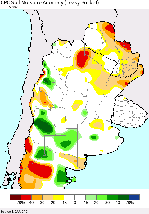 Southern South America CPC Soil Moisture Anomaly (Leaky Bucket) Thematic Map For 6/1/2021 - 6/5/2021