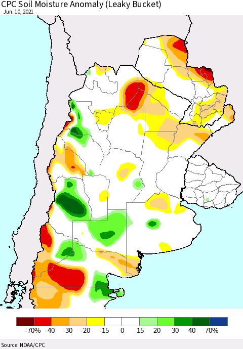 Southern South America CPC Soil Moisture Anomaly (Leaky Bucket) Thematic Map For 6/6/2021 - 6/10/2021